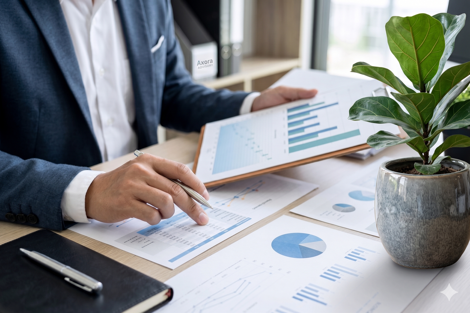 Professional financial analytics screen in a modern office
